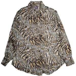 Vtg 1980s Dion Tan Black Sheer Textured  Leopard Zebra Print Button Up Top XL